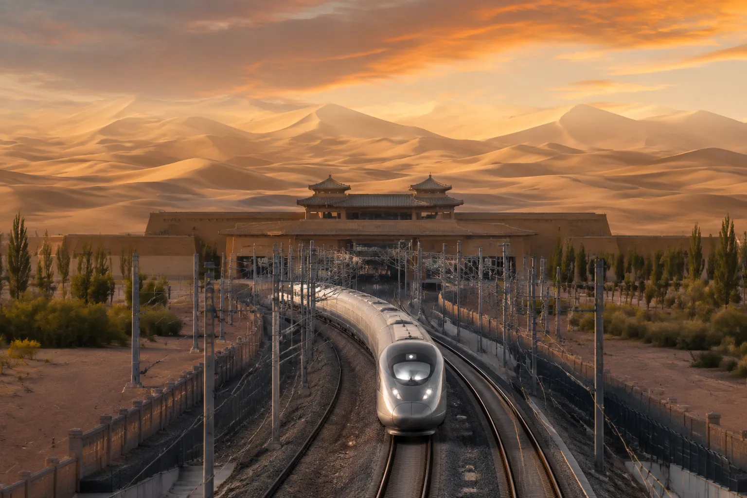 High-speed train crossing the Gobi Desert on the Dunhuang to Jiuquan route